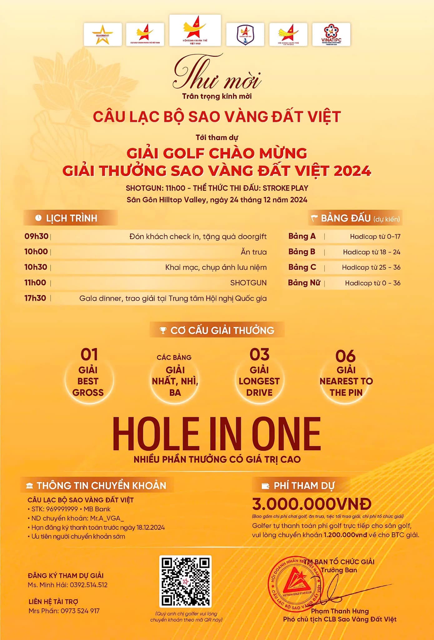Trân trọng kính mời Quý Anh/ Chị quan tâm tham gia Giải Golf Chào mừng Giải thưởng Sao Vàng đất Việt năm 2024 tại sân Hilltop Valley ngày 24.12.2024.