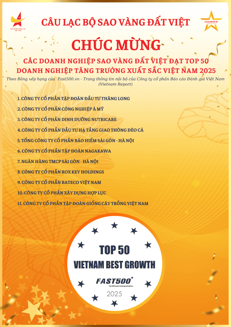 11 DOANH NGHIỆP SAO VÀNG ĐẤT VIỆT ĐẠT TOP50 DOANH NGHIỆP TĂNG TRƯỞNG XUẤT SẮC VIỆT NAM 2025